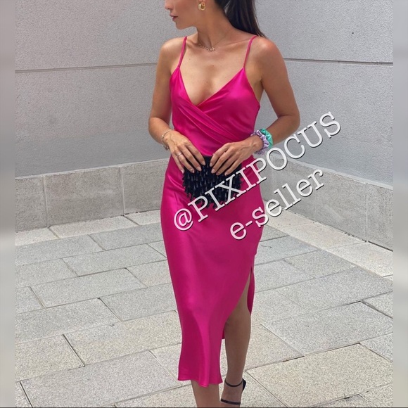 Zara | Dresses | Zara Draped Satin Dlip Dress Fuchsia Pink M | Poshmark